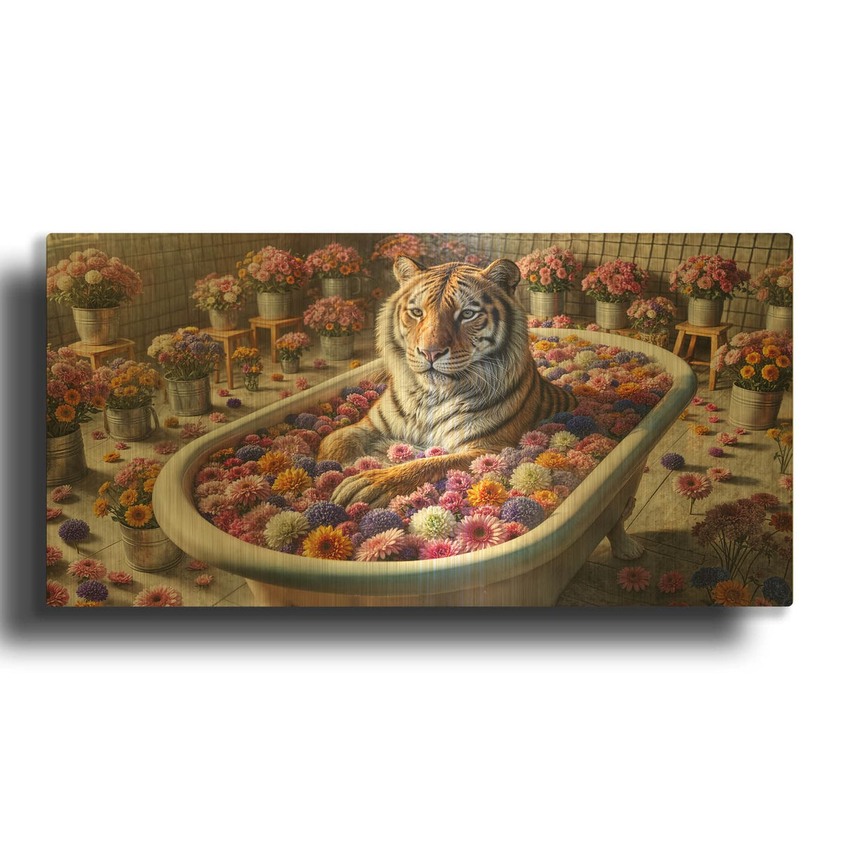 'Tiger In Flower Bath' By Rey Klimt Gold Metal Wall Art