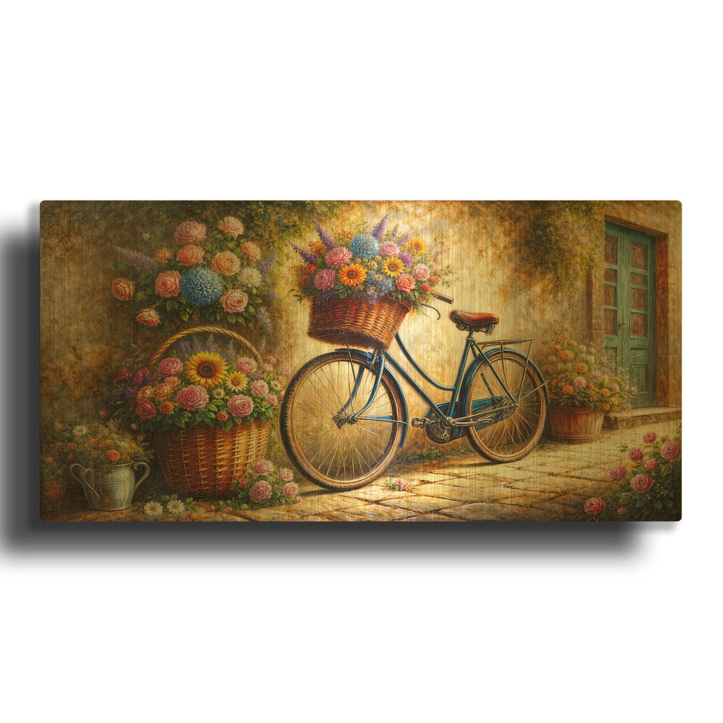 'Vintage Bike And Flowers' By Rey Klimt Gold Metal Wall Art