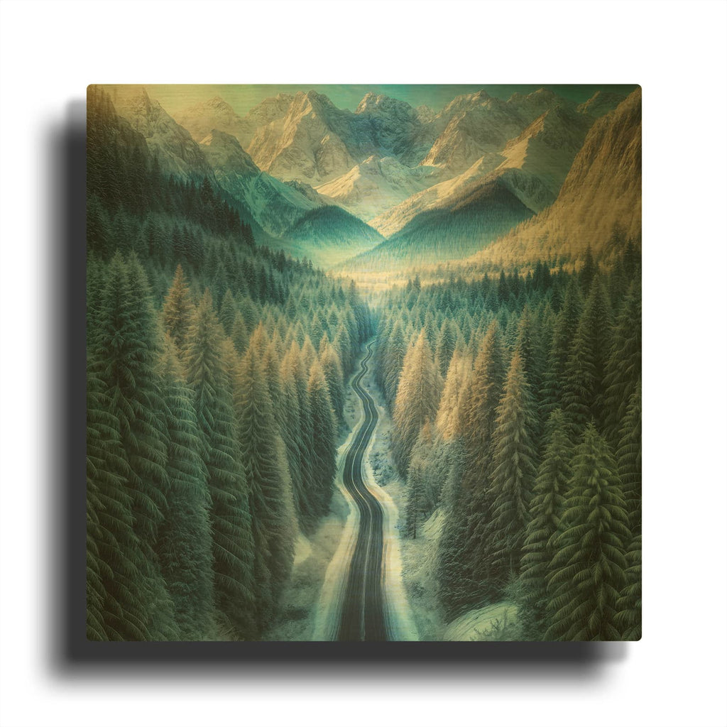 'Winter Road In Mountains' By Rey Klimt Gold Metal Wall Art