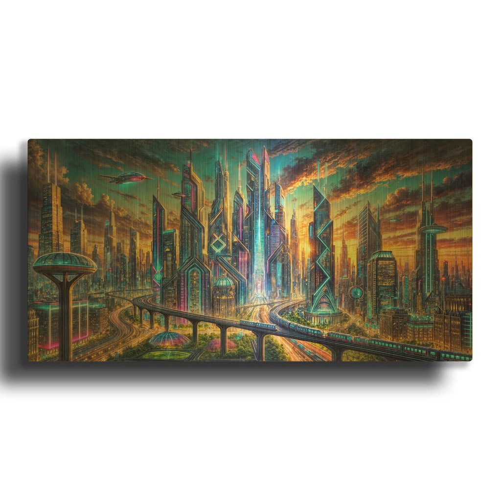 'Chicago - Futuristic Painting' By Rey Klimt Gold Metal Wall Art