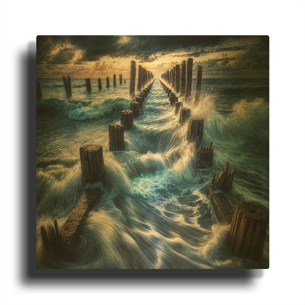 'Dramatic Waves Over Pier' By Rey Klimt Gold Metal Wall Art