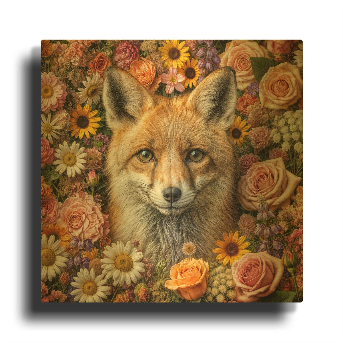 'Fox Surrounded By Flowers' By Rey Klimt Gold Metal Wall Art