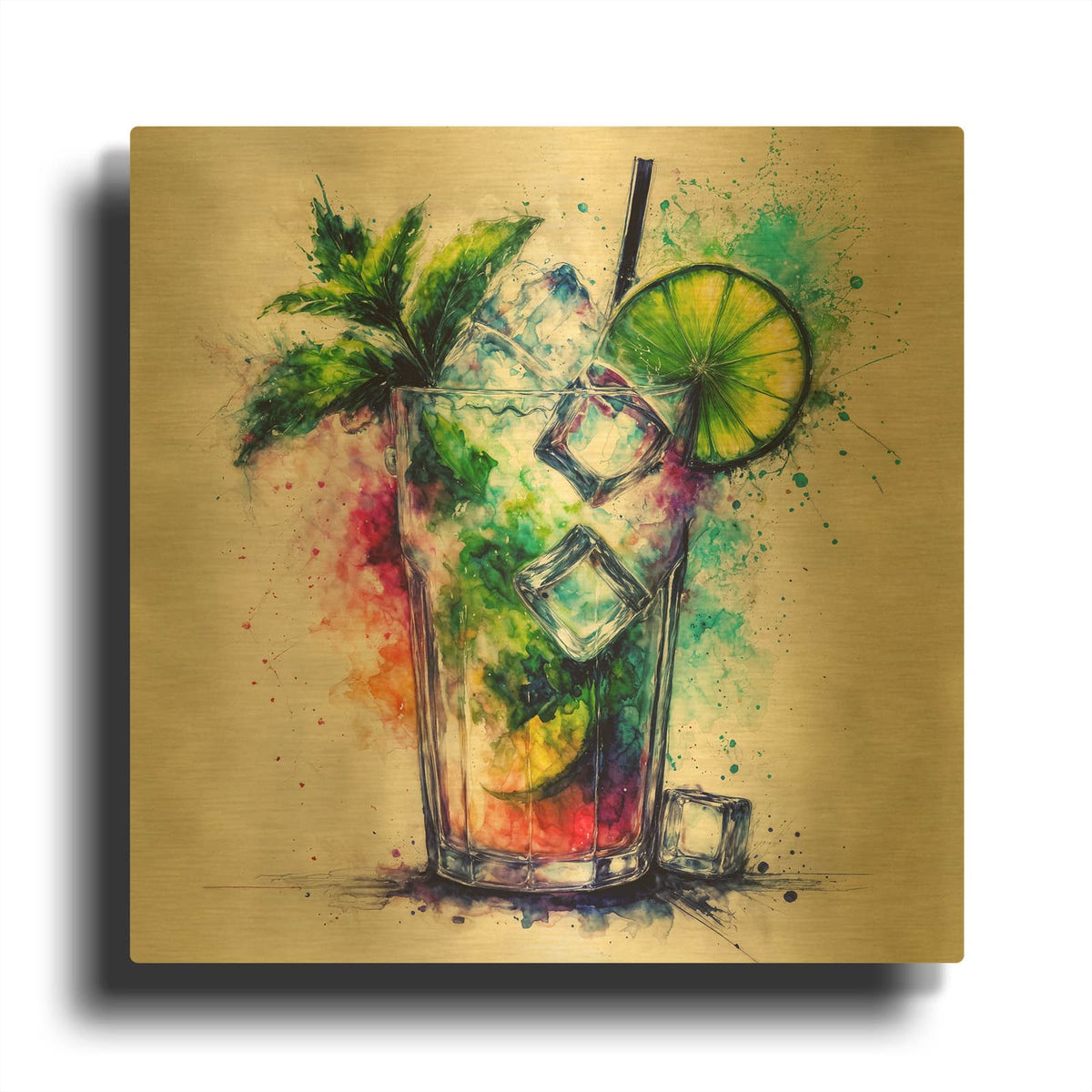 'Mojito Cocktail Watercolor' By Rey Klimt Gold Metal Wall Art