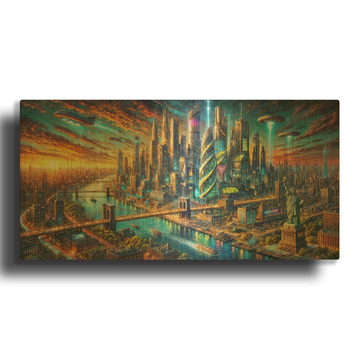 'New York City -Futuristic Painting' By Rey Klimt Gold Metal Wall Art