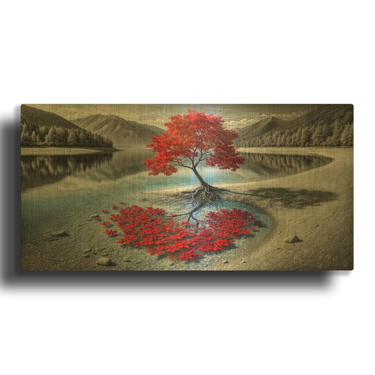'Red Tree And Mountain Lake' By Rey Klimt Gold Metal Wall Art