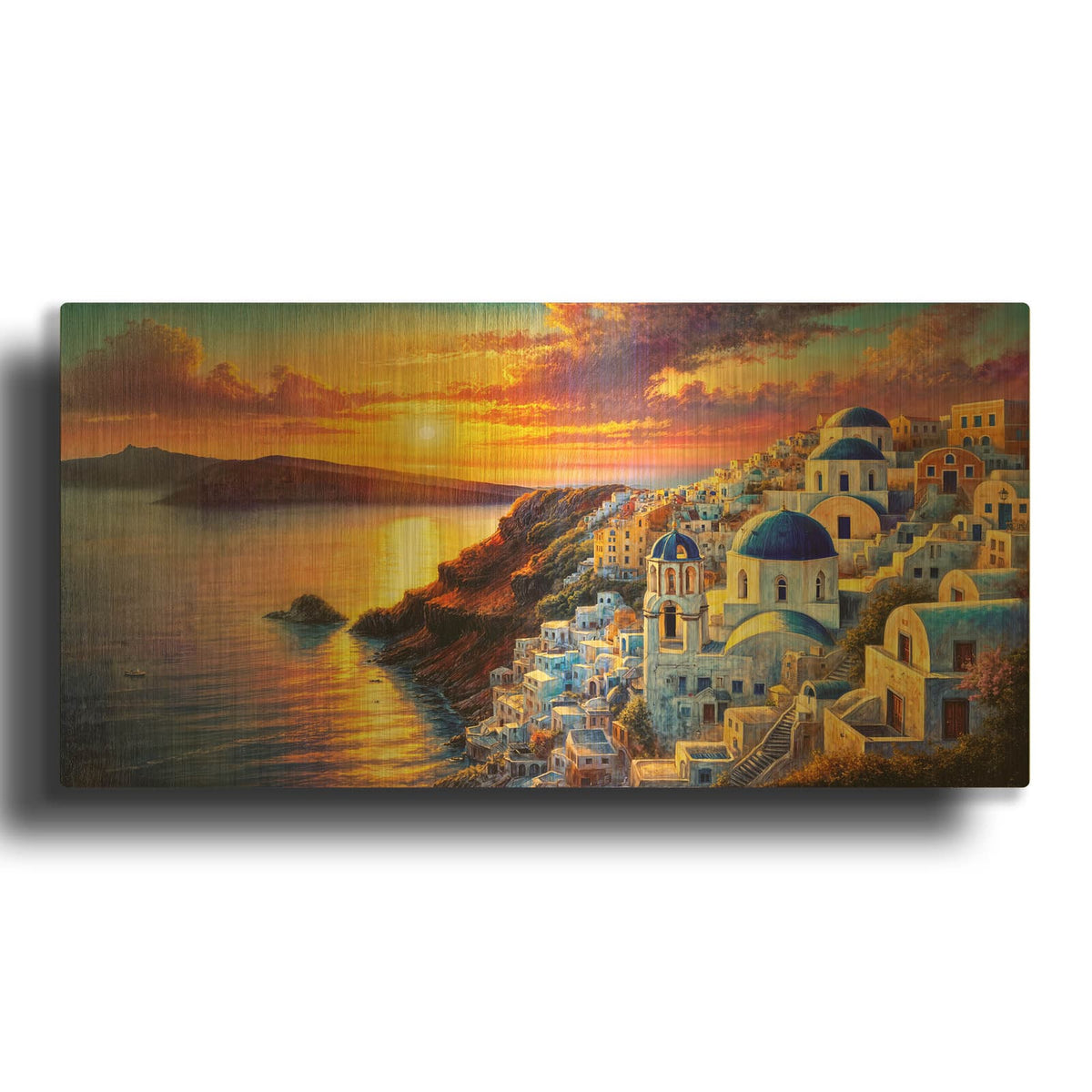 'Santorini Painted Sunset' By Rey Klimt Gold Metal Wall Art