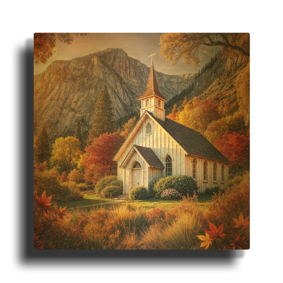 'Small Church In Mountains Fall Foliage' By Rey Klimt Gold Metal Wall Art