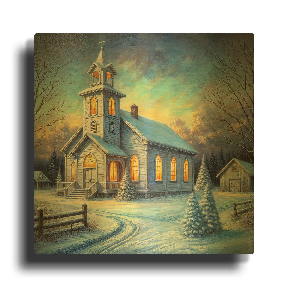 'Small White Church In Winter' By Rey Klimt Gold Metal Wall Art