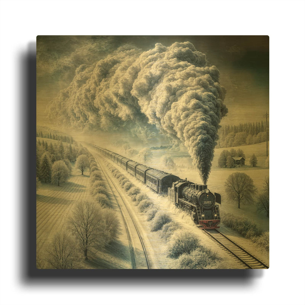 'Steam Train In White Winter' By Rey Klimt Gold Metal Wall Art