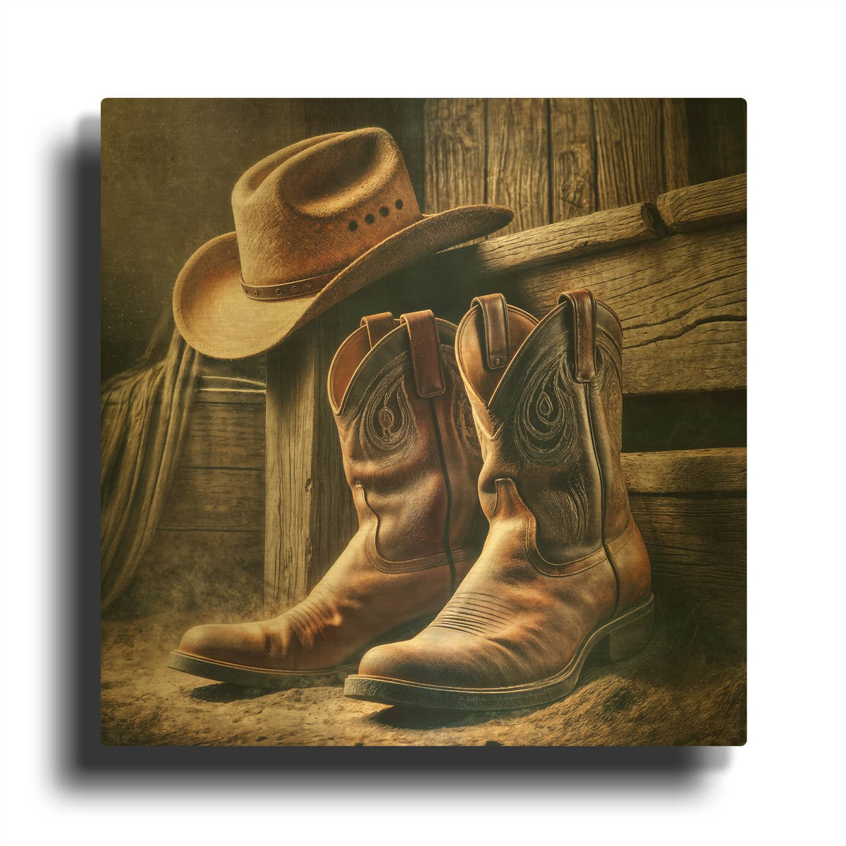'Wester Style Decor Cowboy Boots And Hat' By Rey Klimt Gold Metal Wall Art