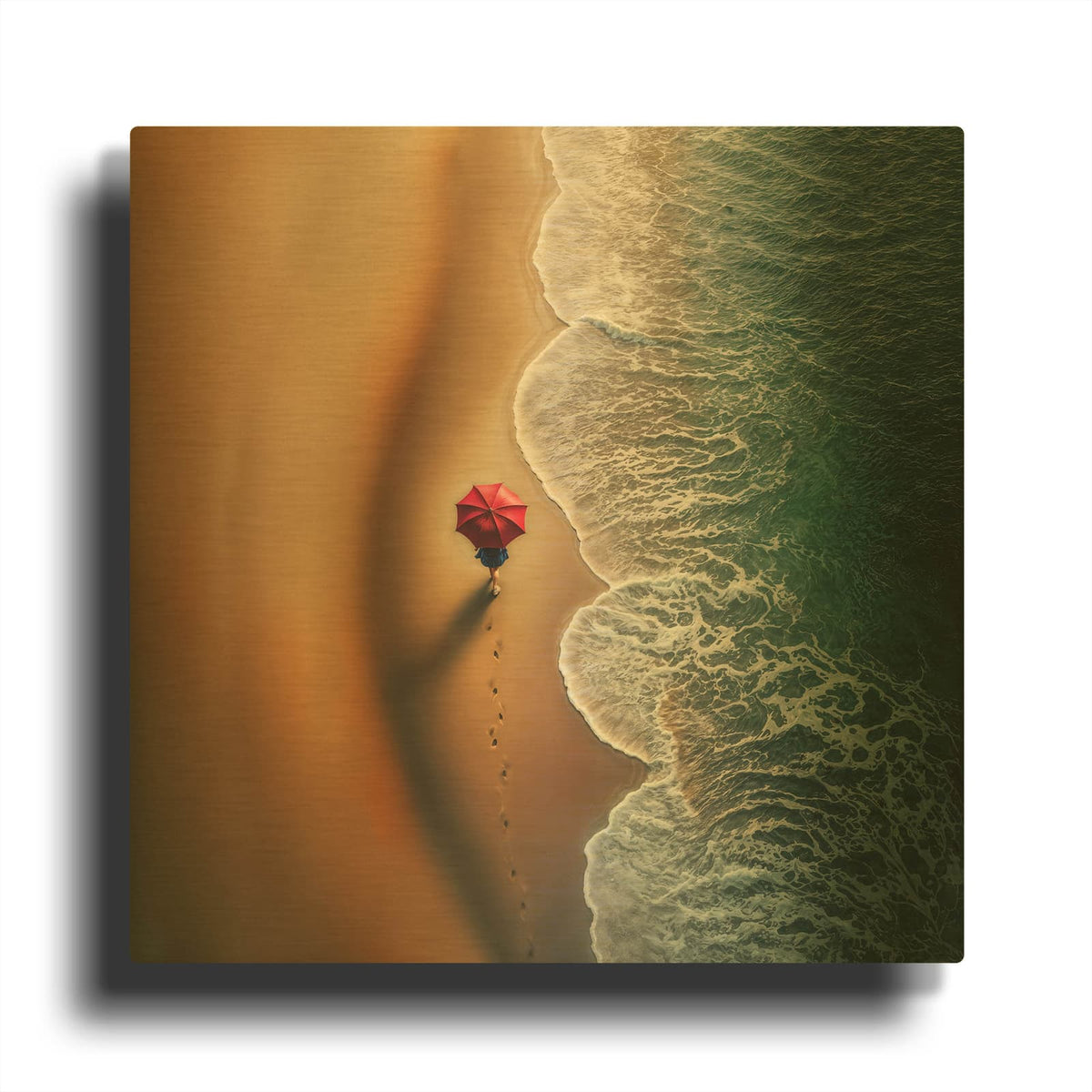 'Beach Walk Under Red Umbrella' By Rey Klimt Gold Metal Wall Art