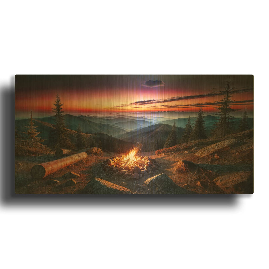 'Campfire In Mountains At Sunset' By Rey Klimt Gold Metal Wall Art
