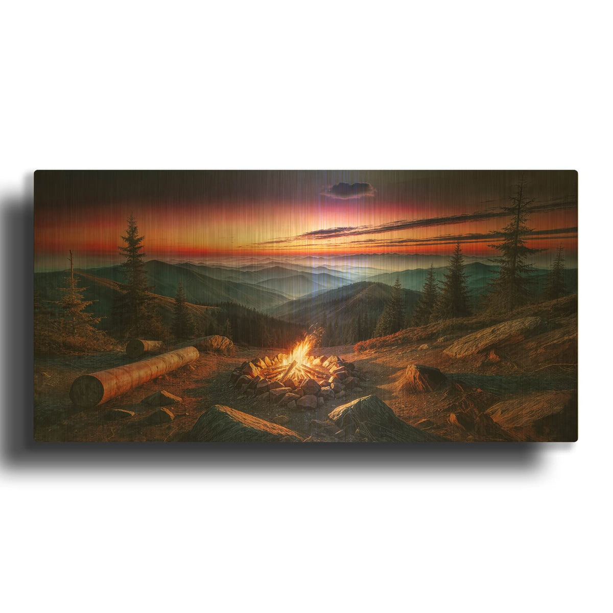 'Campfire In Mountains At Sunset' By Rey Klimt Gold Metal Wall Art