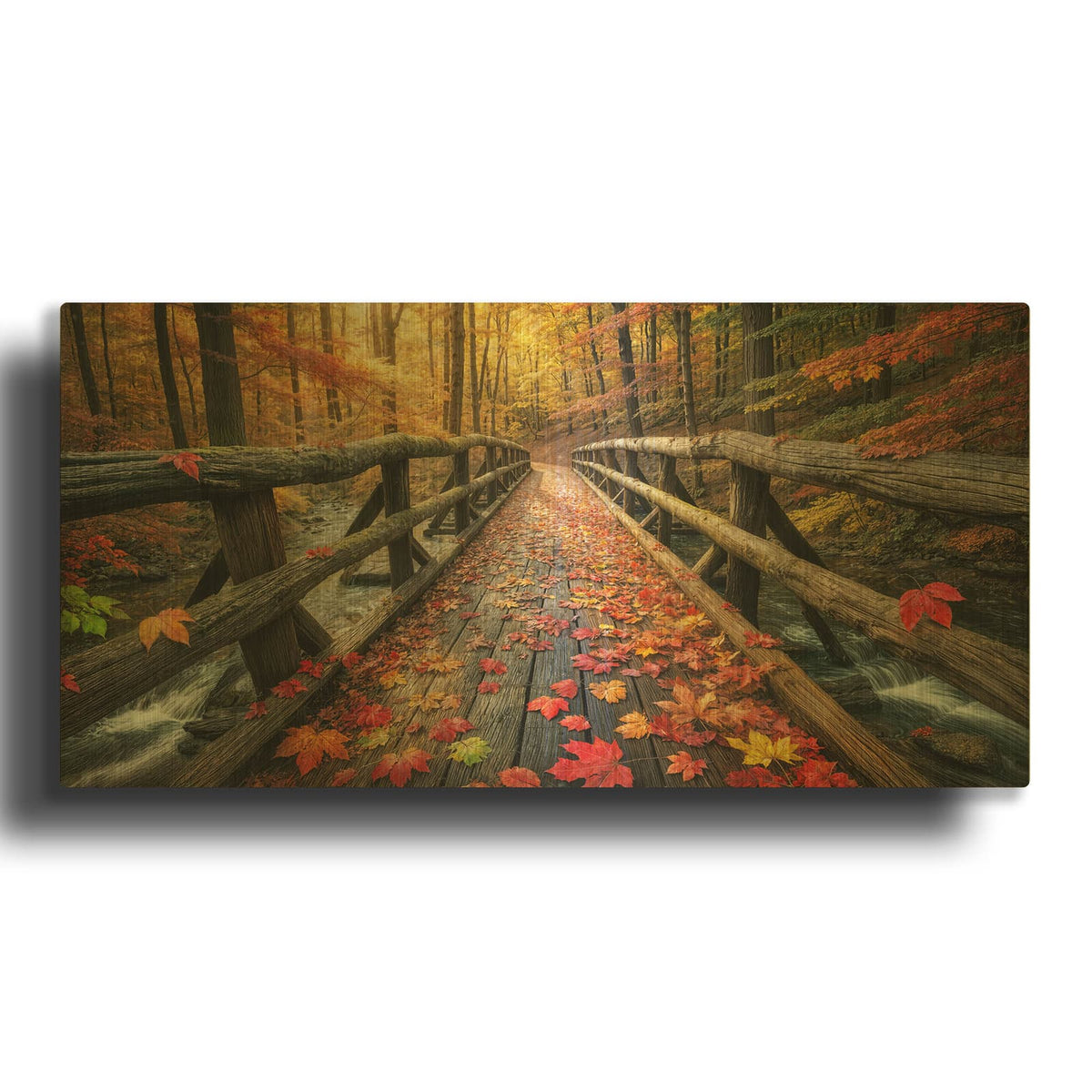 'Fall Forest Wooden Bridge' By Rey Klimt Gold Metal Wall Art
