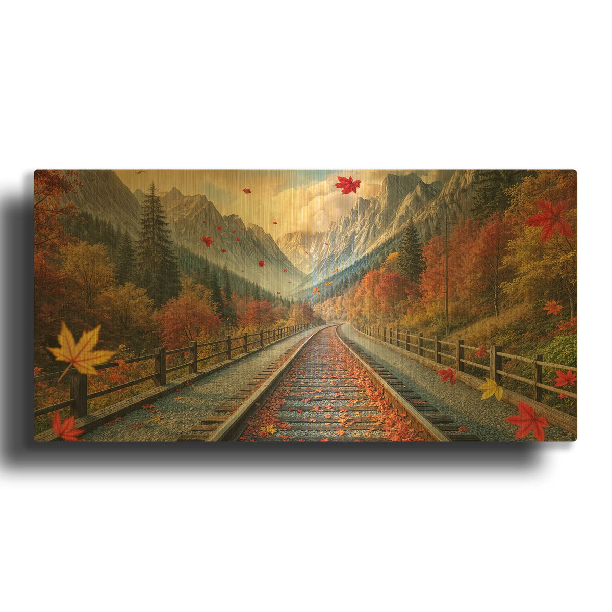 'Fall Railroad Landscape' By Rey Klimt Gold Metal Wall Art
