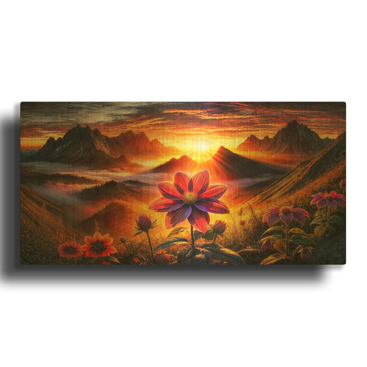 'Flower & Mountain Sunrise' By Rey Klimt Gold Metal Wall Art