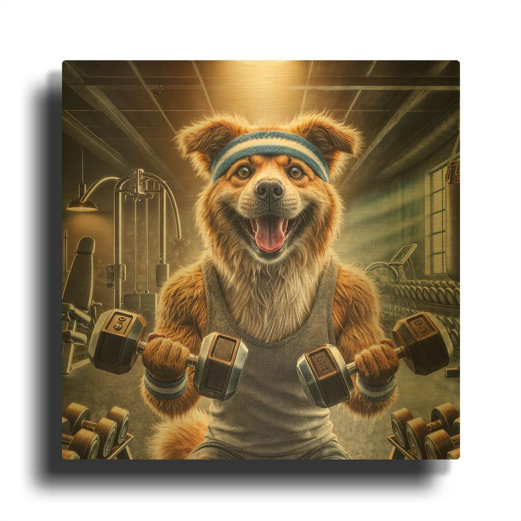 'Gym Dog' By Rey Klimt Gold Metal Wall Art