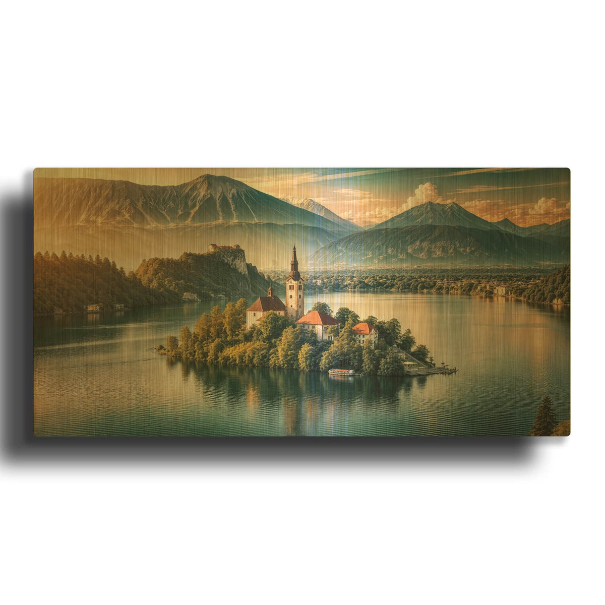 'Lake Bled Island, Slovenia, Mountains' By Rey Klimt Gold Metal Wall Art