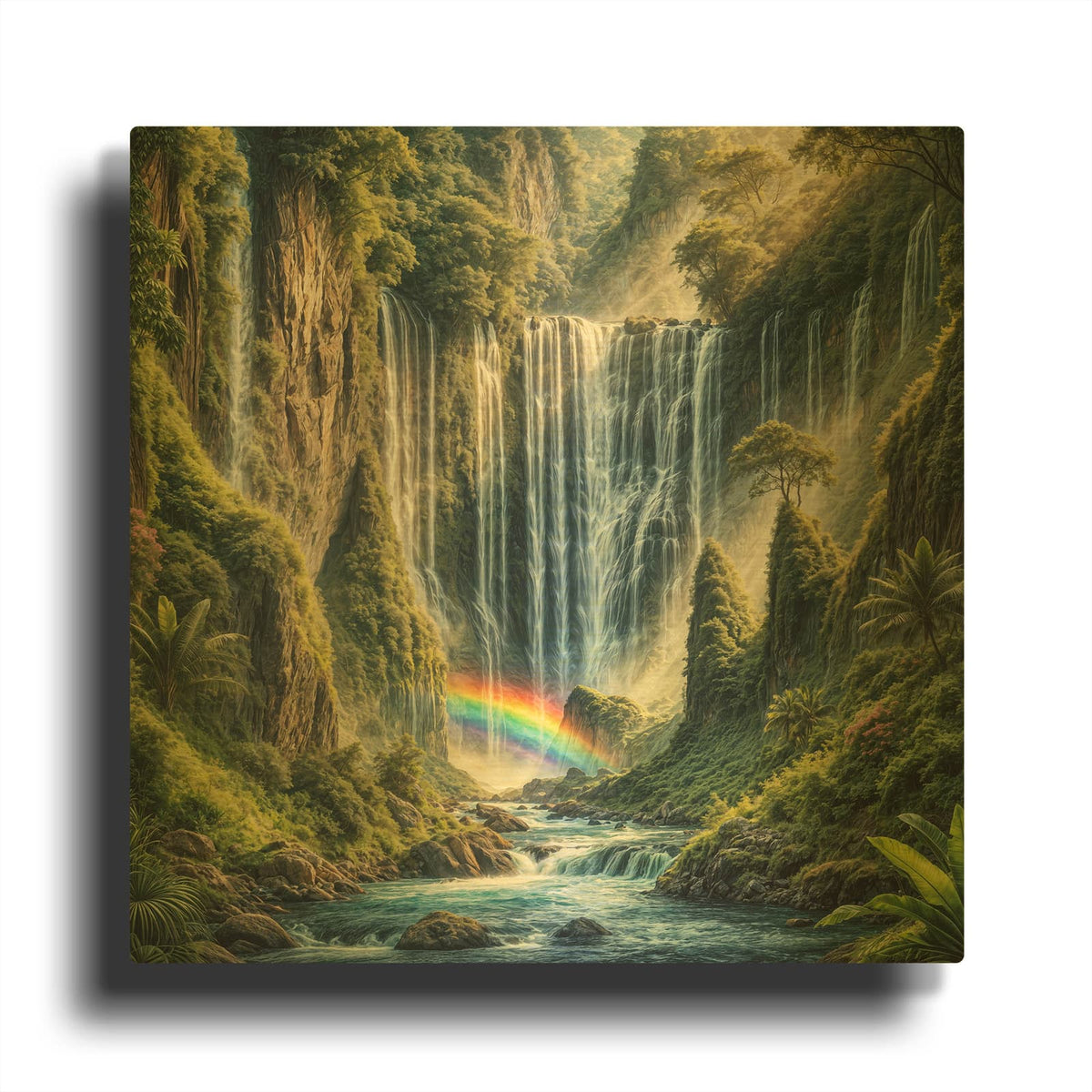 'Majestic Waterfall With Rainbow' By Rey Klimt Gold Metal Wall Art