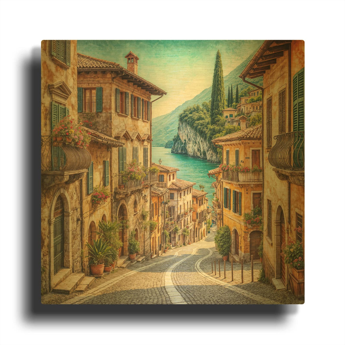 'Old Town Street In Mediterranean' By Rey Klimt Gold Metal Wall Art