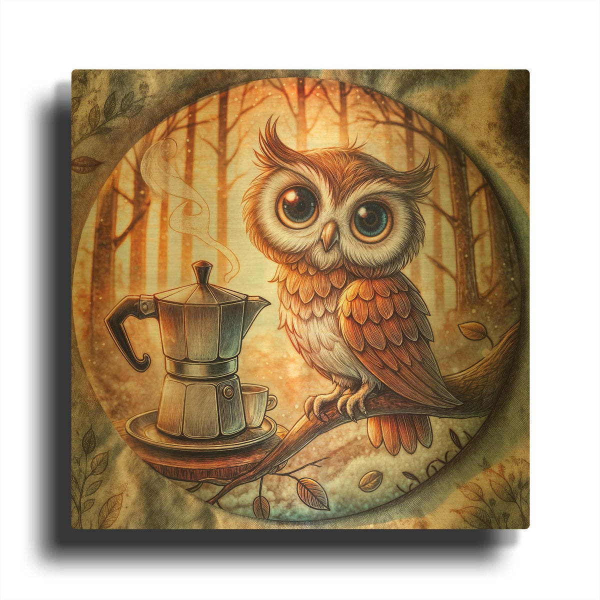 'Owl And Coffee' By Rey Klimt Gold Metal Wall Art