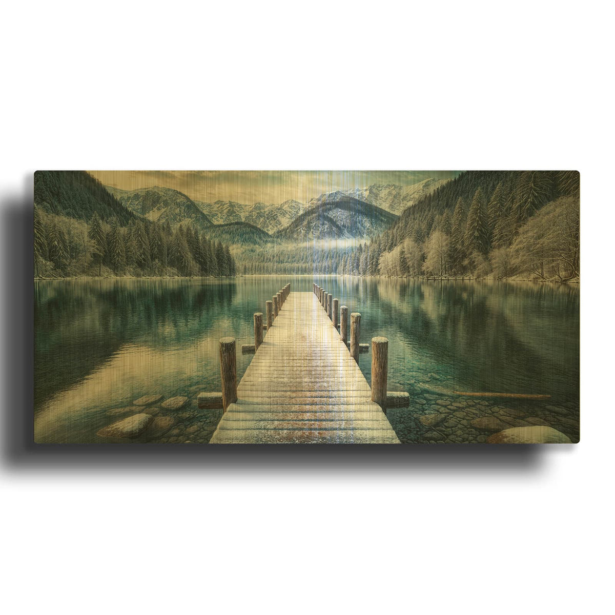 'Pier On Winter Lake In Mountains' By Rey Klimt Gold Metal Wall Art