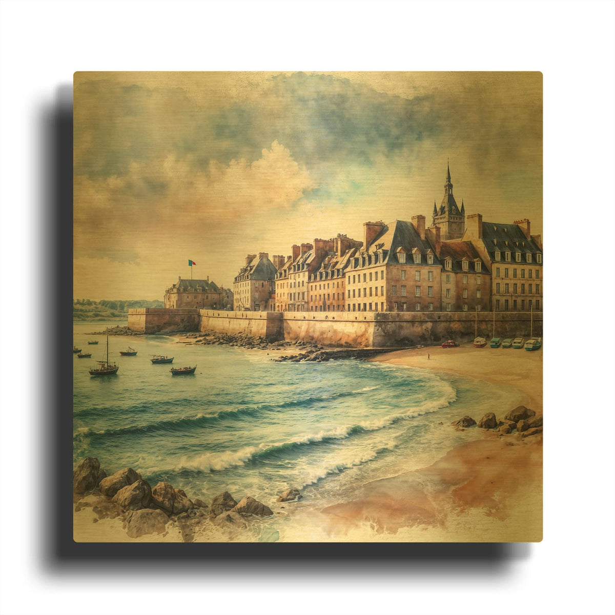 'Saint-malo, Bretagne, France, Watercolor Coastline' By Rey Klimt Gold Metal Wall Art