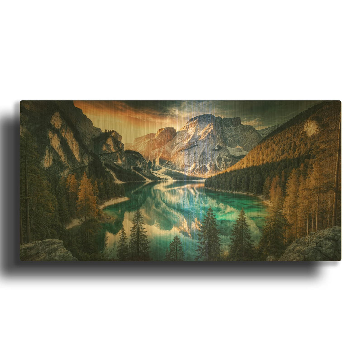 'Serene View Of Lago Di Braies In The Dolomites Mountain Peaks' By Rey Klimt Gold Metal Wall Art