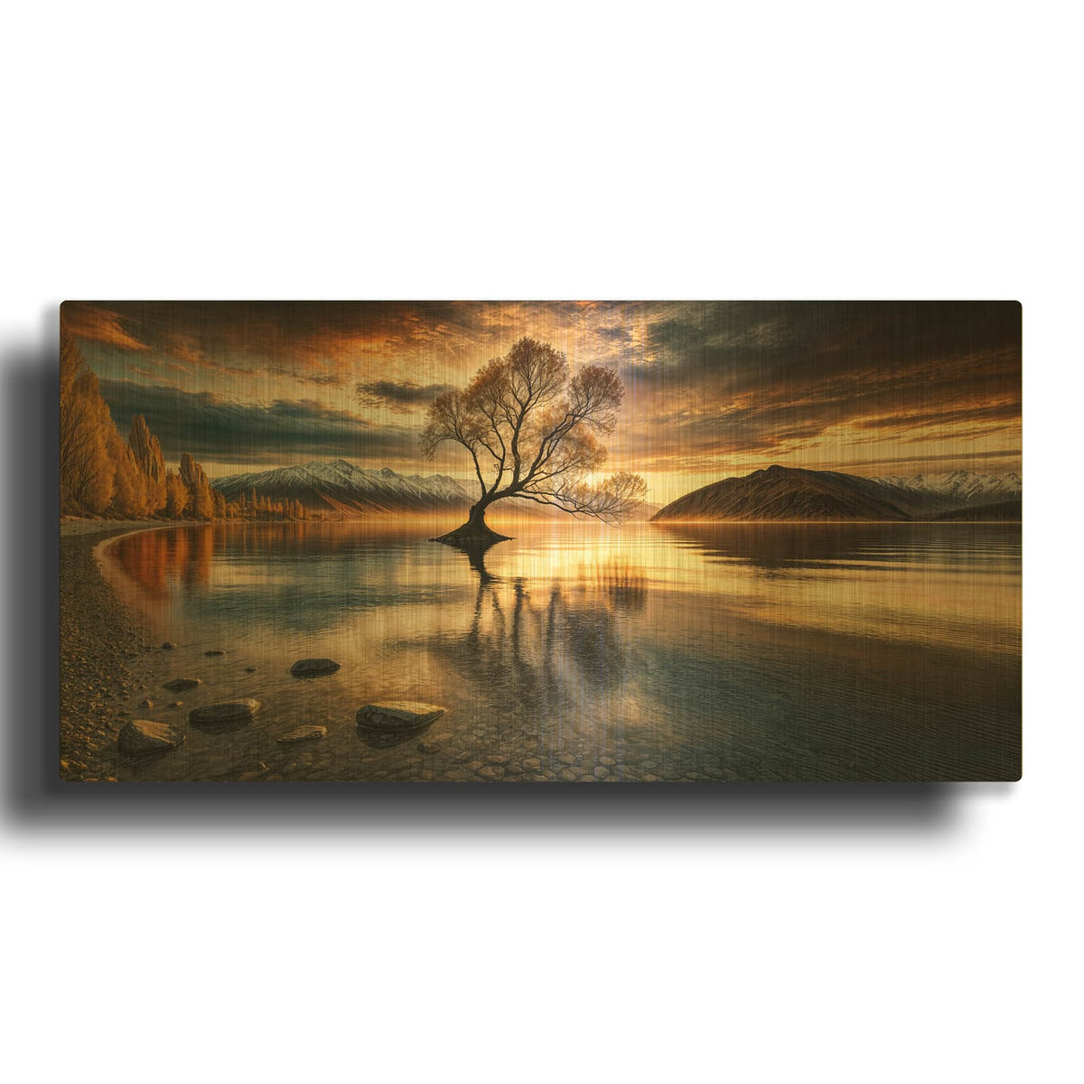 'That Wanaka Tree, Lone Willow Tree, Lake Wanaka' By Rey Klimt Gold Metal Wall Art