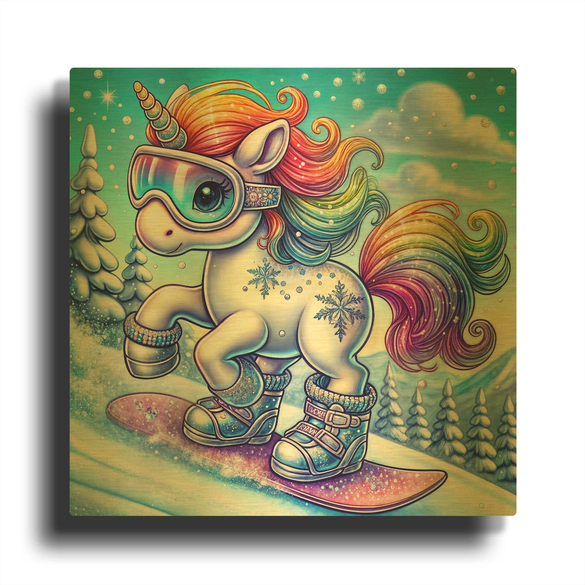 'Unicorn On Snowboard' By Rey Klimt Gold Metal Wall Art