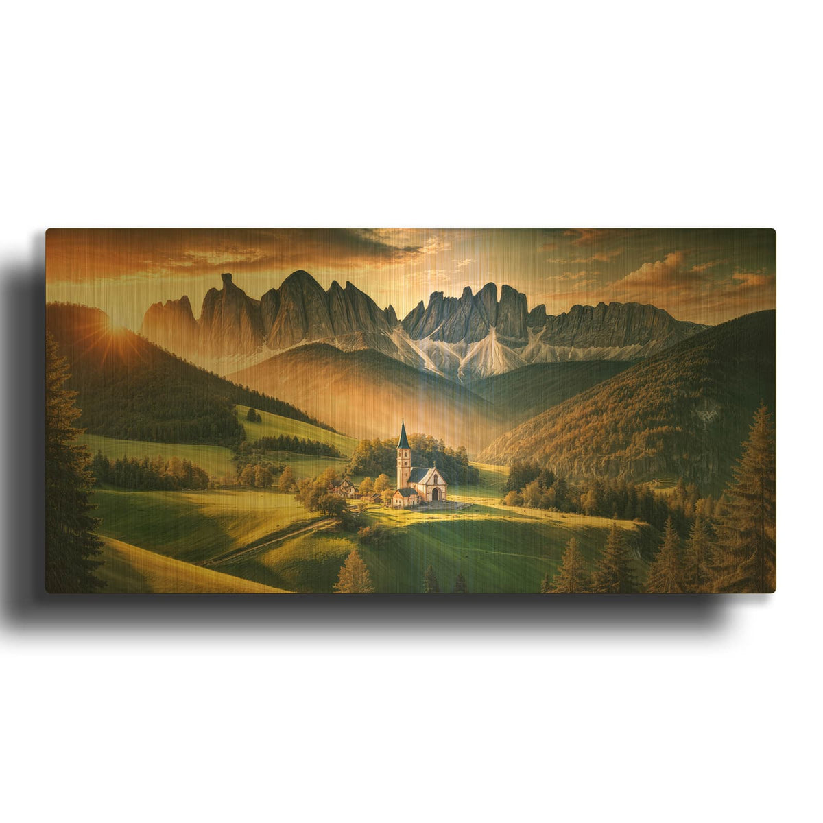 'Val Di Funes, Italian Alps Sunrise' By Rey Klimt Gold Metal Wall Art