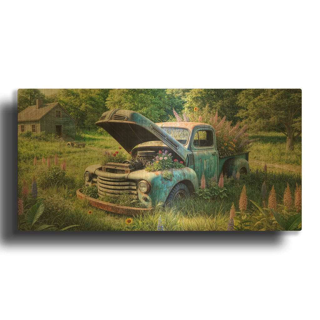 'Vintage Truck Flower Bed' By Rey Klimt Gold Metal Wall Art