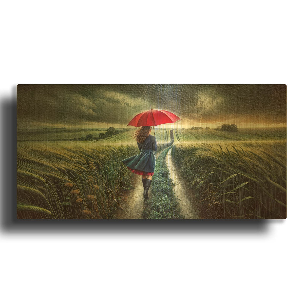'Walk In A Rain On Farm' By Rey Klimt Gold Metal Wall Art