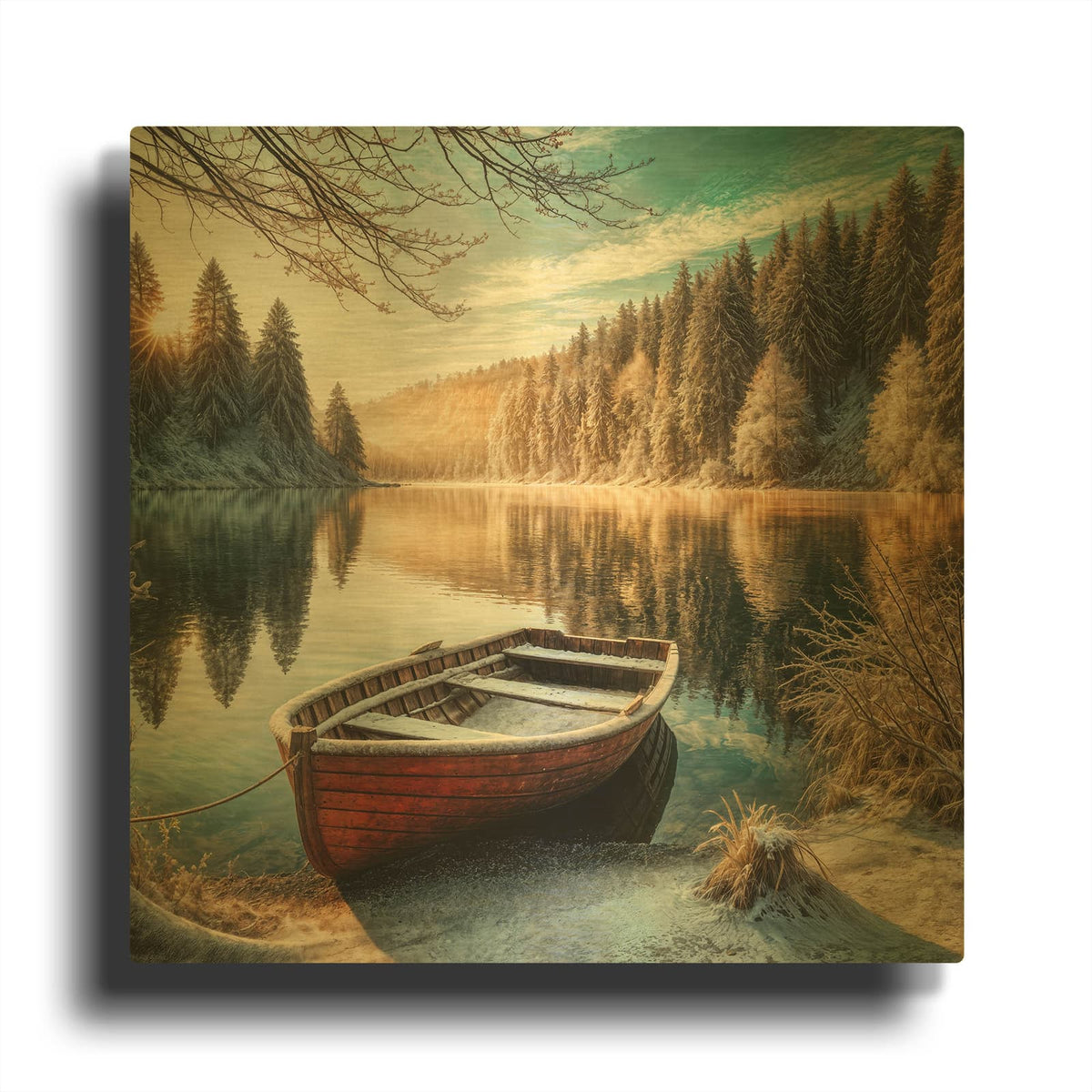 'Winter Morning On Mountain Lake' By Rey Klimt Gold Metal Wall Art