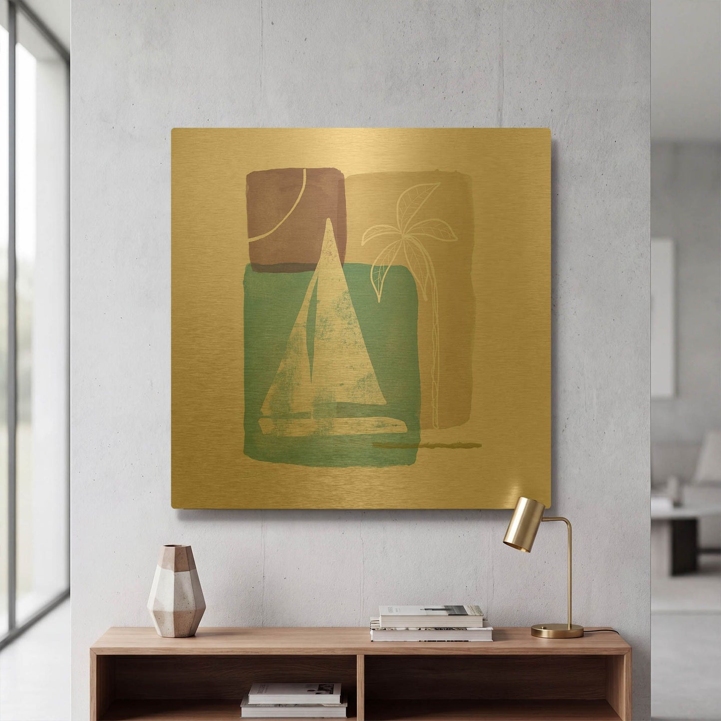 'Sailboat and Palm' By Linda Woods Gold Metal Wall Art