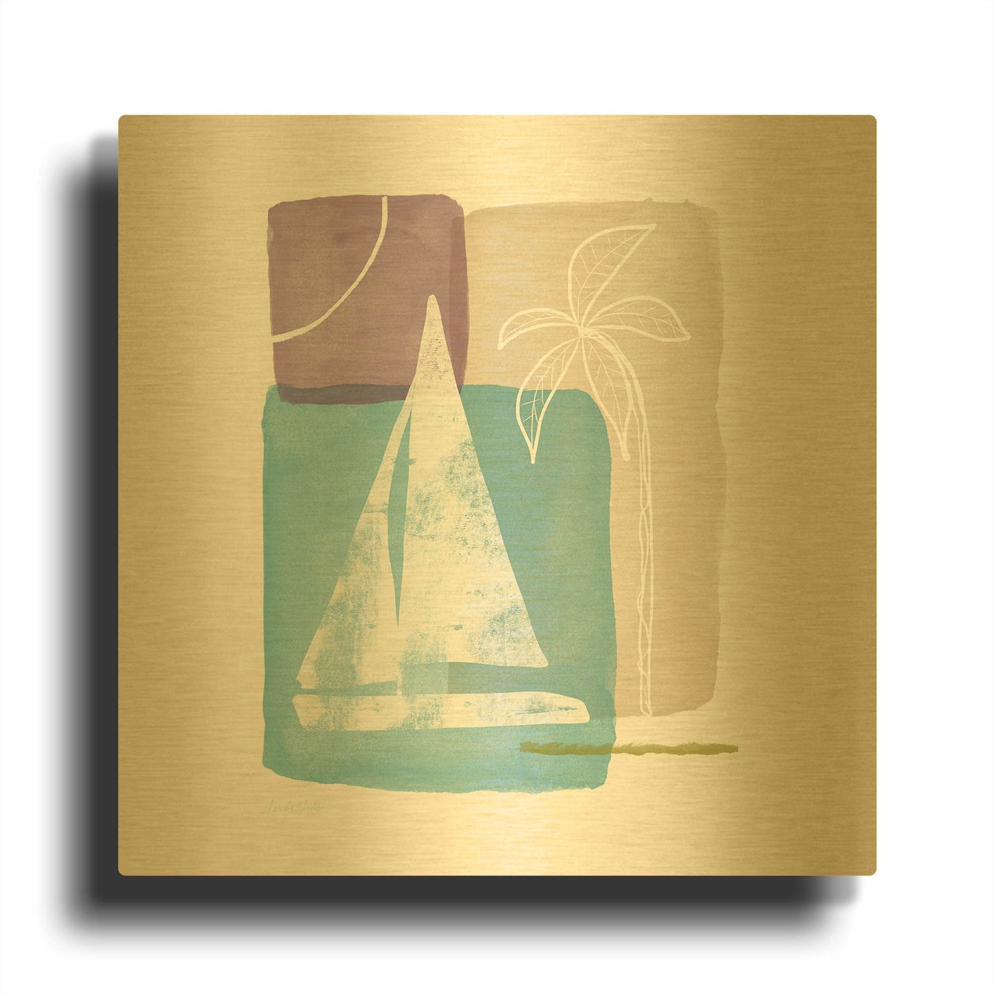 'Sailboat and Palm' By Linda Woods Gold Metal Wall Art