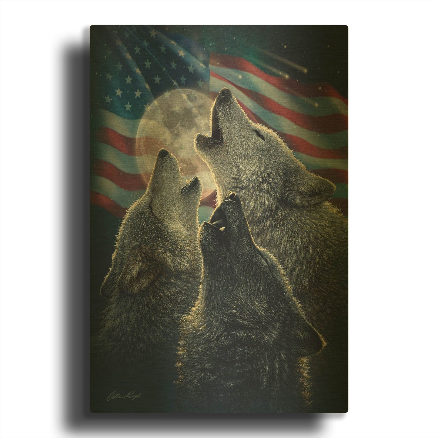 'Wolf Trinity Patriotic' By Collin Bogle Gold Metal Wall Art