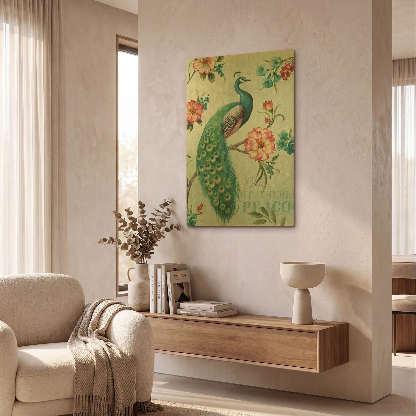 'Blue Feathered Peacock I' By Lisa Audit Gold Metal Wall Art