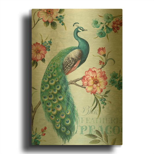 'Blue Feathered Peacock I' By Lisa Audit Gold Metal Wall Art