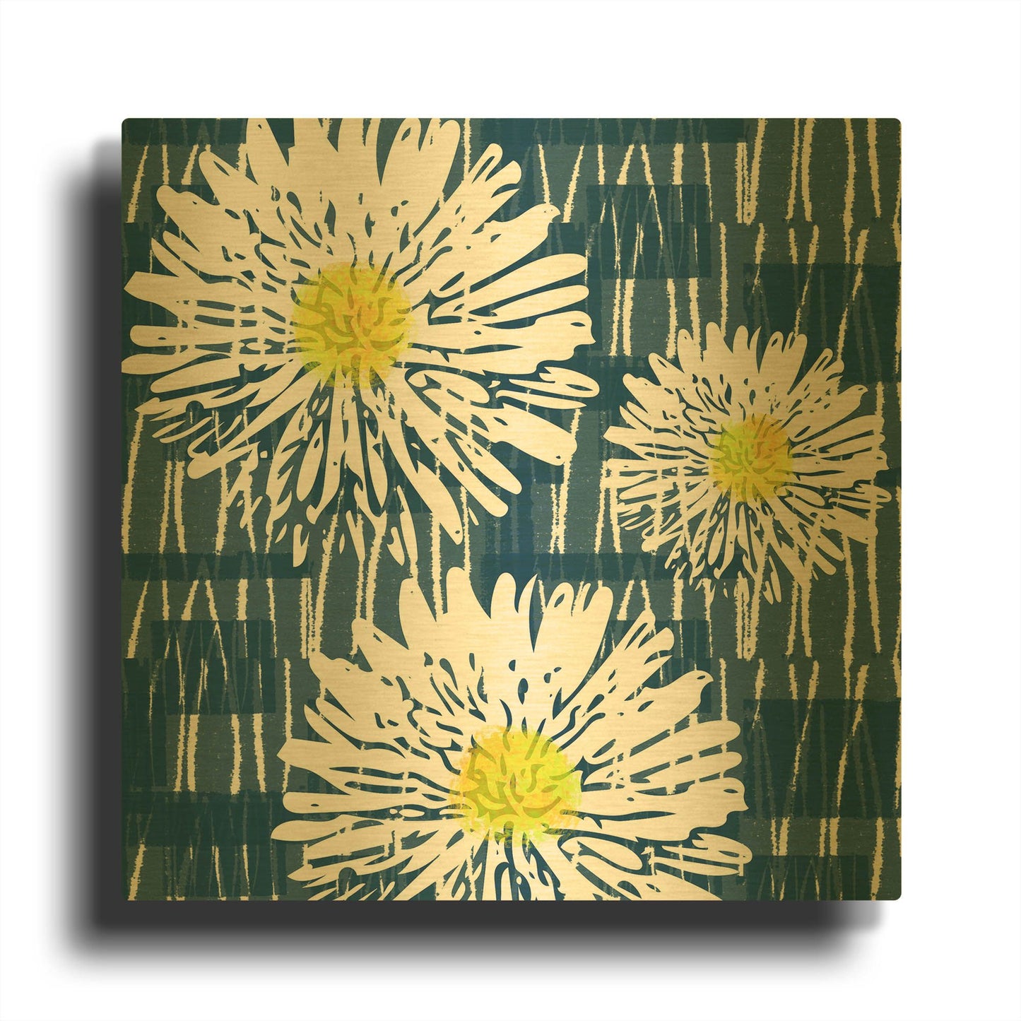 'White Flowers on Blue' By Linda Woods Gold Metal Wall Art