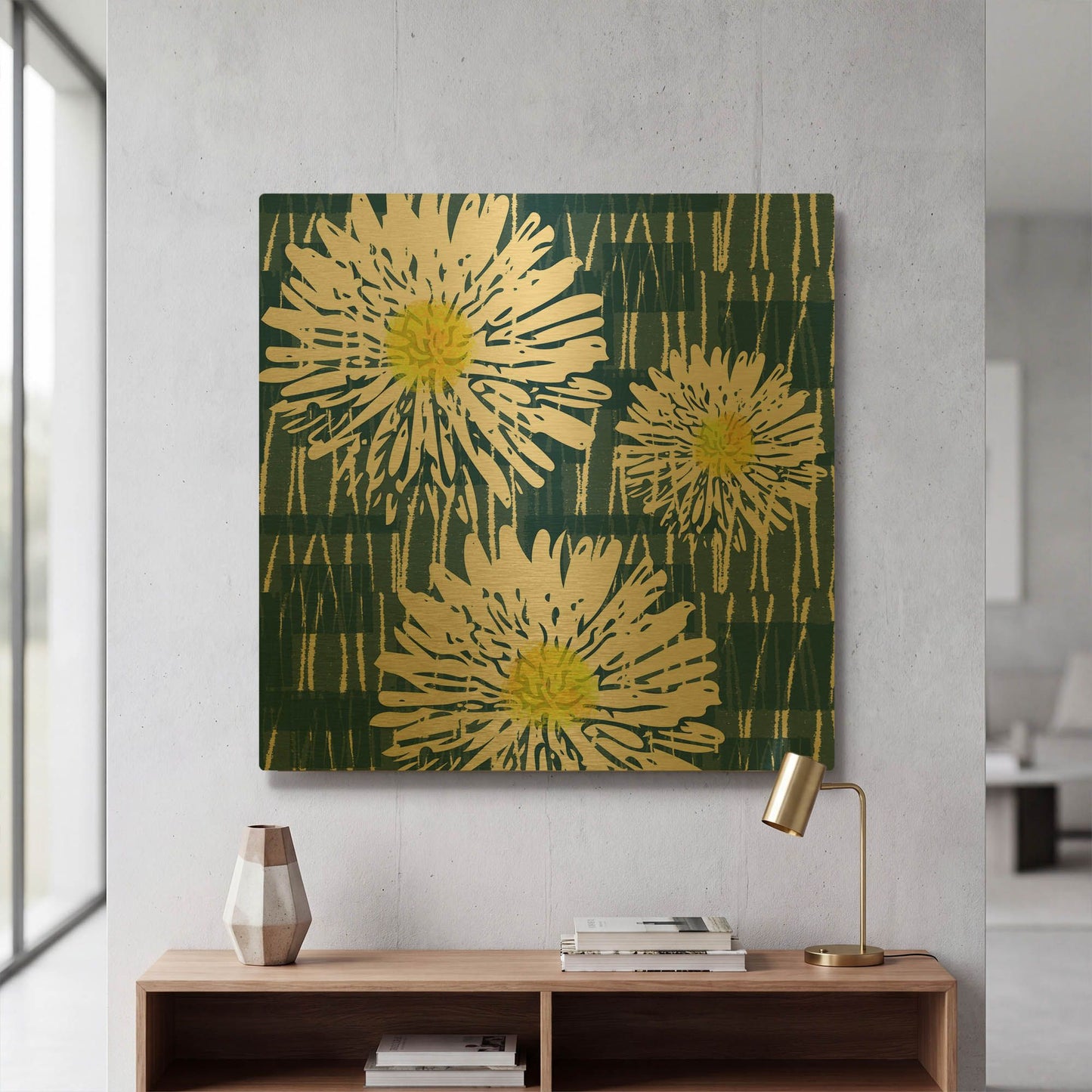'White Flowers on Blue' By Linda Woods Gold Metal Wall Art