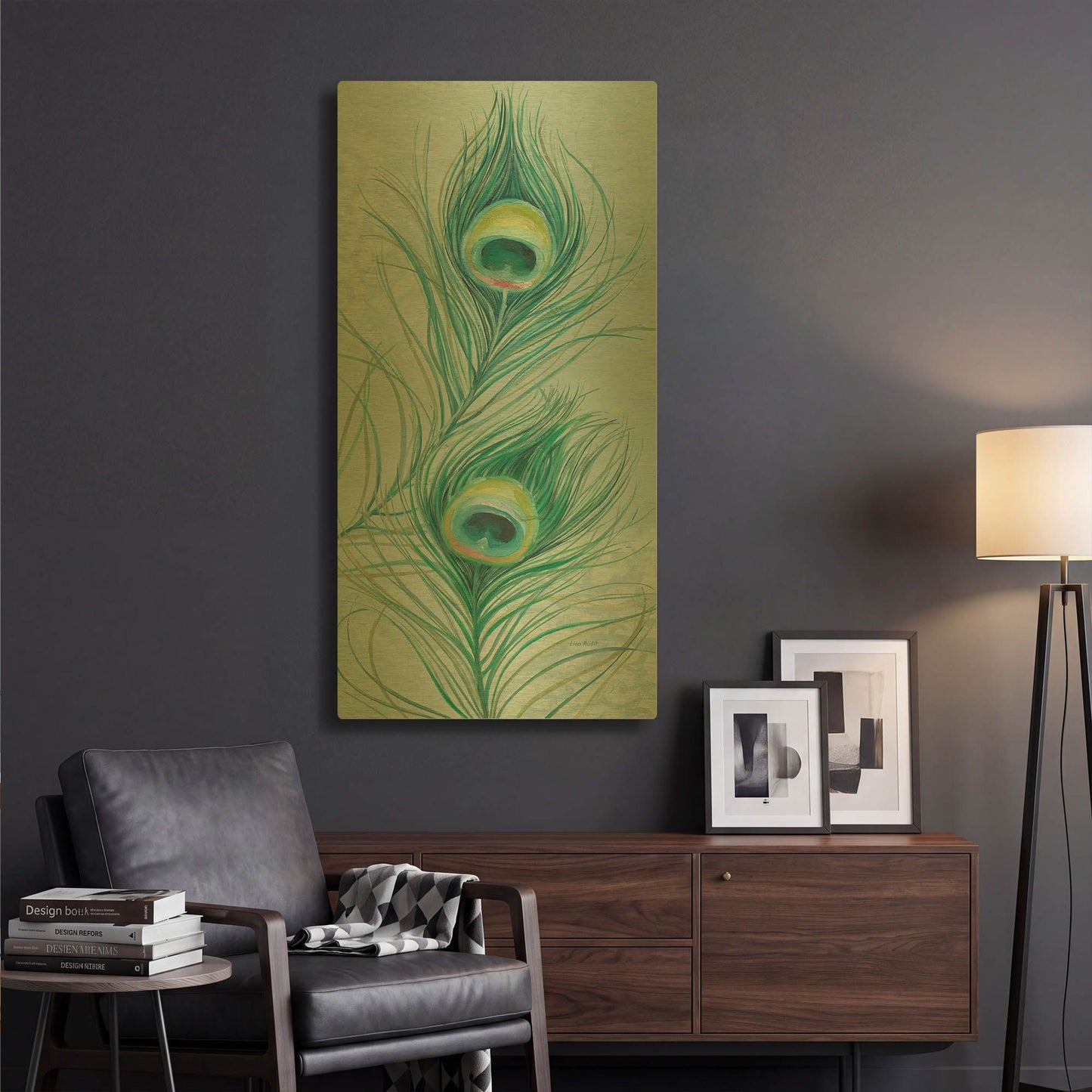 'Blue Feathered Peacock V' By Lisa Audit Gold Metal Wall Art