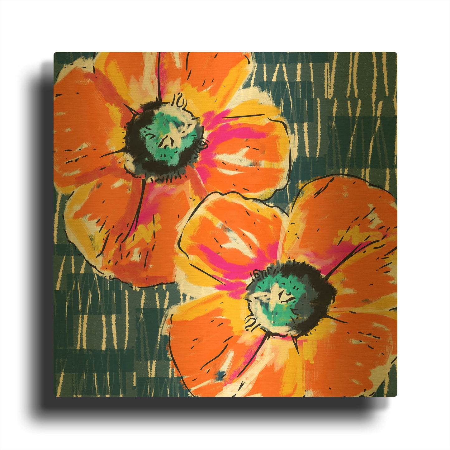 'Orange Poppies on Blue' By Linda Woods Gold Metal Wall Art