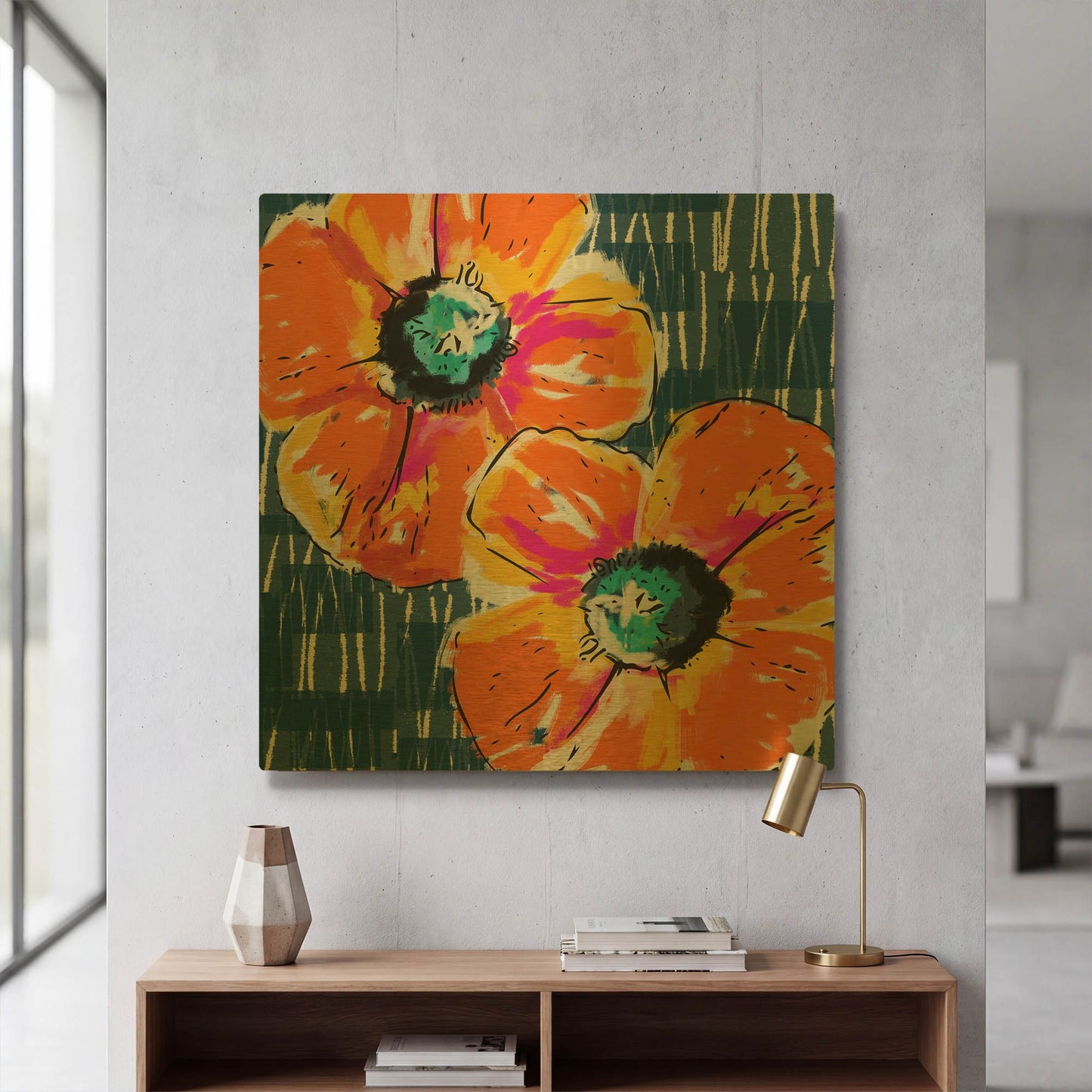 'Orange Poppies on Blue' By Linda Woods Gold Metal Wall Art