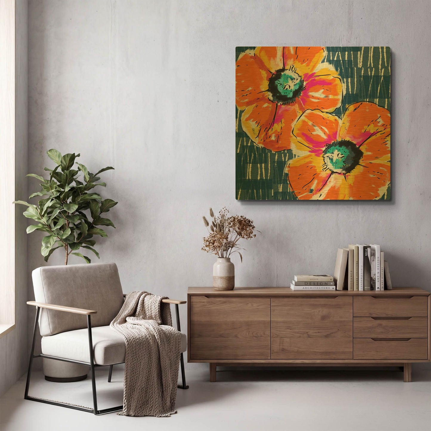 'Orange Poppies on Blue' By Linda Woods Gold Metal Wall Art