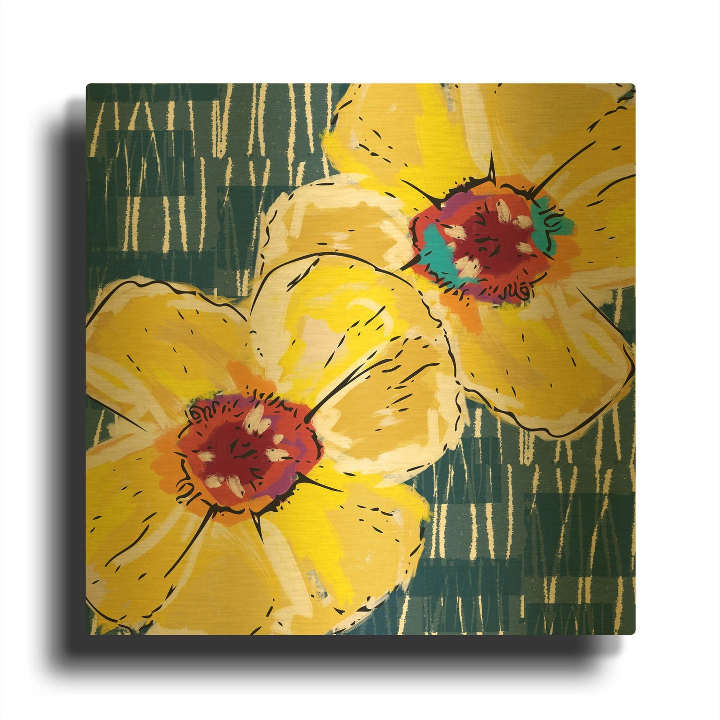 'Yellow Poppies on Blue' By Linda Woods Gold Metal Wall Art