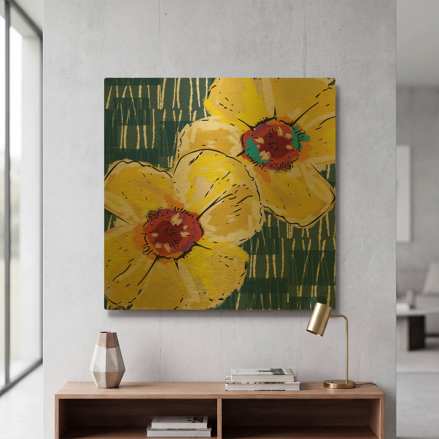 'Yellow Poppies on Blue' By Linda Woods Gold Metal Wall Art