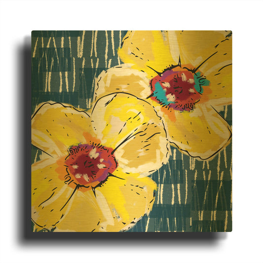 'Yellow Poppies on Blue' By Linda Woods Gold Metal Wall Art