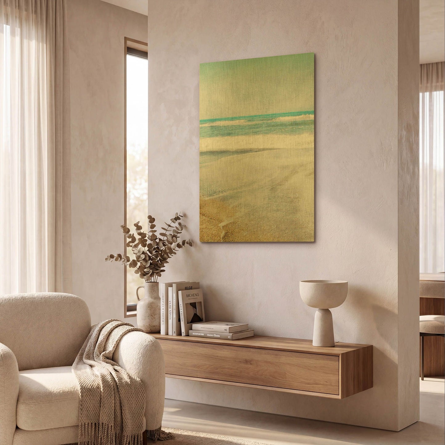'Serene Coast Vertical' By Linda Woods Gold Metal Wall Art