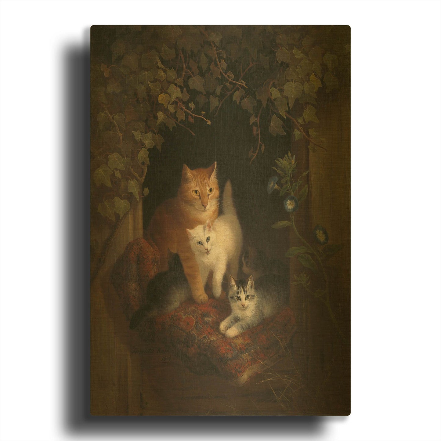 'Cat with Kittens Date 1844' By Henriette Ronner-Knip Gold Metal Wall Art